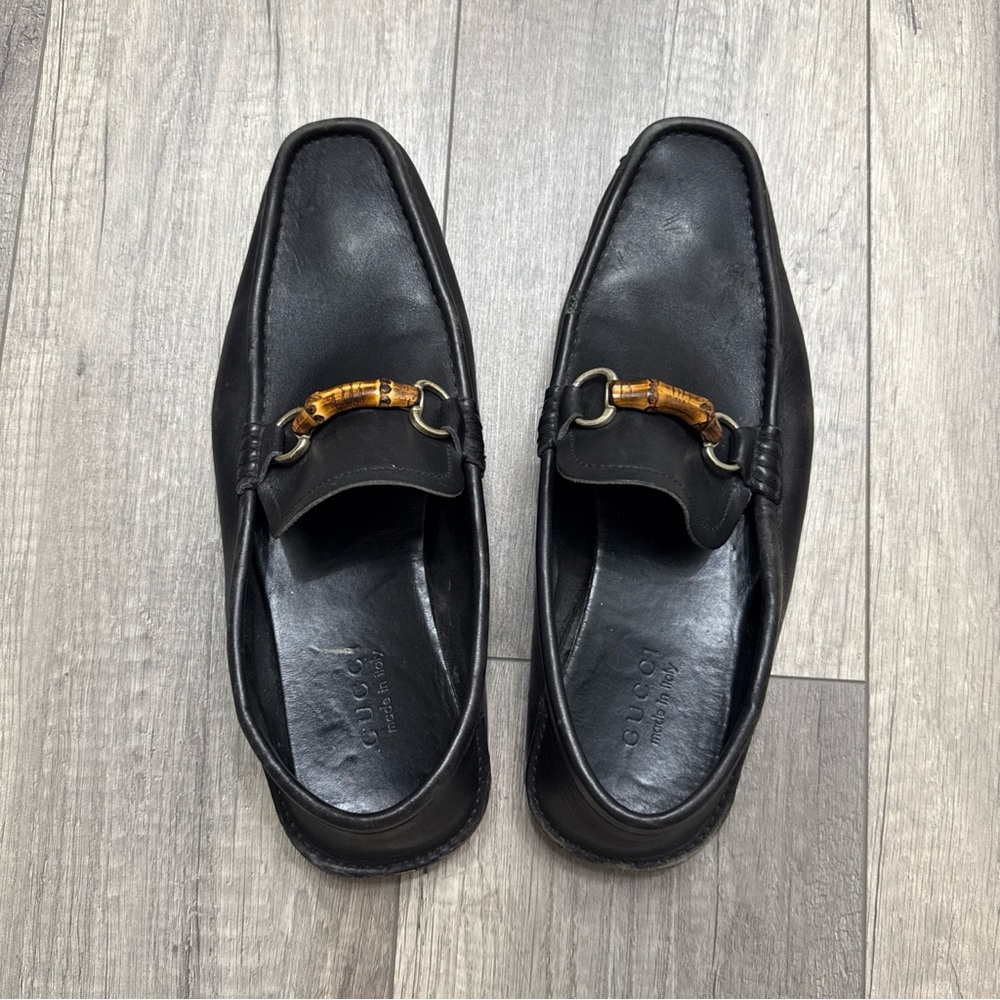 Gucci Black Leather Horsebit Loafers with Bamboo Accent